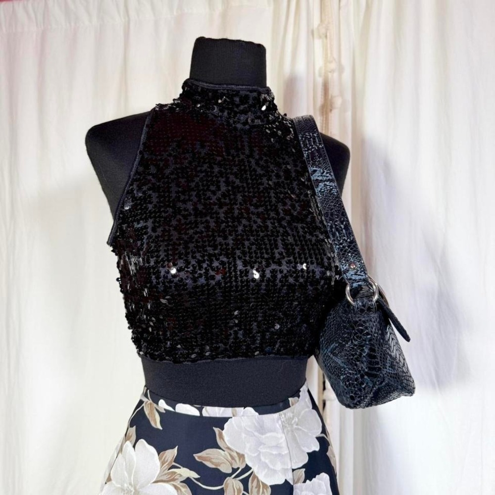 Y2K‎ Balera Dancewear Black Sequin Keyhole Halter Crop Top Size M/L